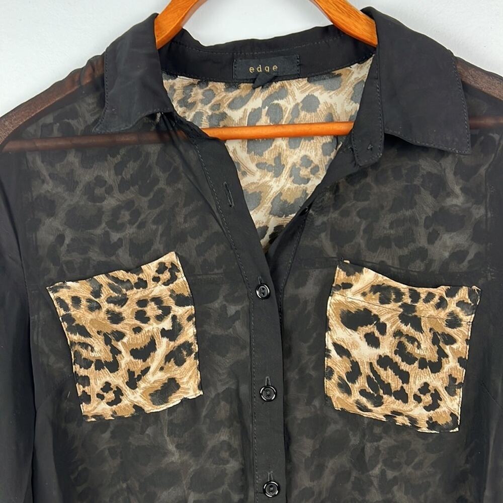 Edge small leopard print sheer button down front pocket blouse - Picture 3 of 8